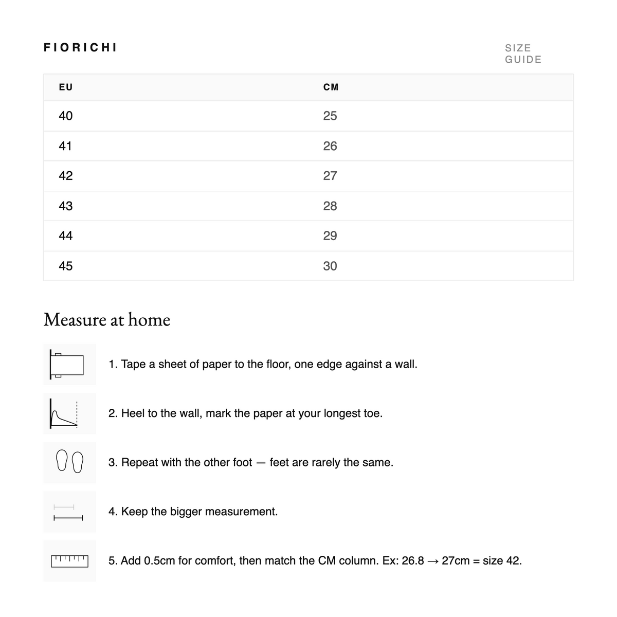 Fiorichi size guide — EU sizes 40 to 45